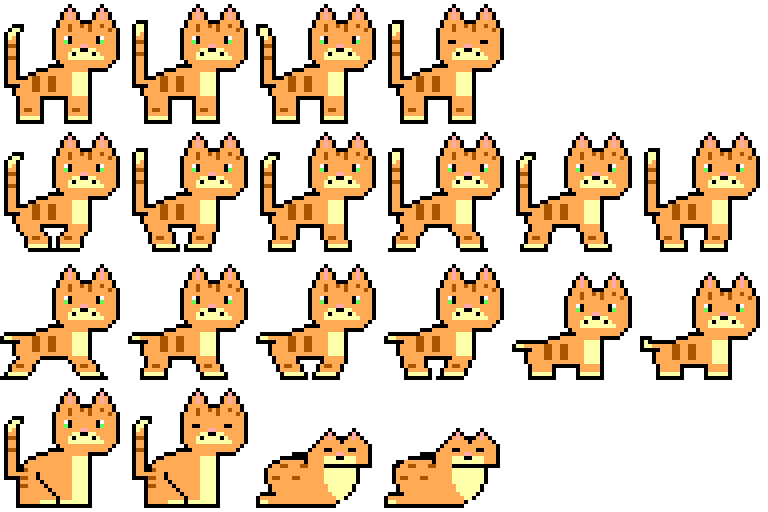 Twenty-four frames of a pixel-art ginger cat