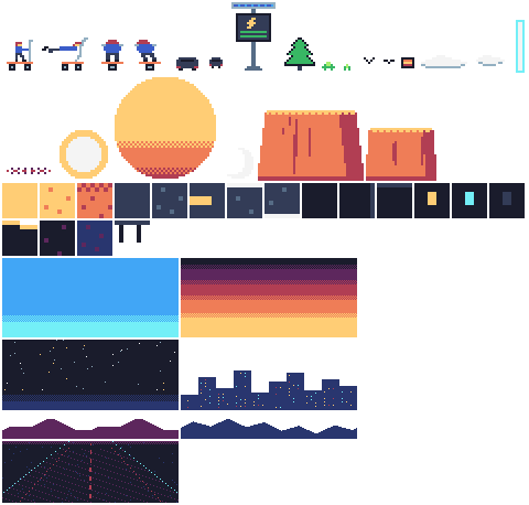 Kickvolt reusable sprite, tile, and background asset sheet